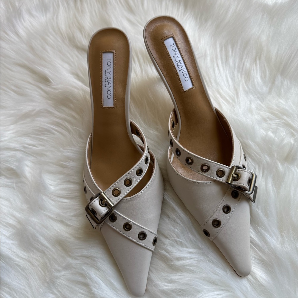 Tony Bianco Off-White Buckle Mules